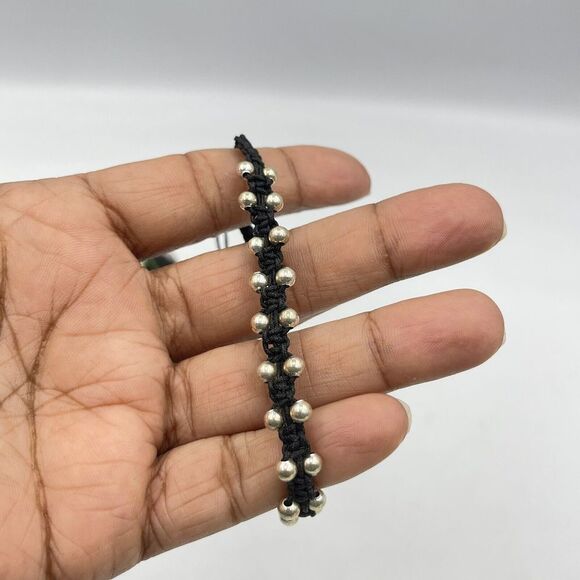 Braided Bracelet Black With Silver Beads and Sliding Closure - Picture 2 of 9
